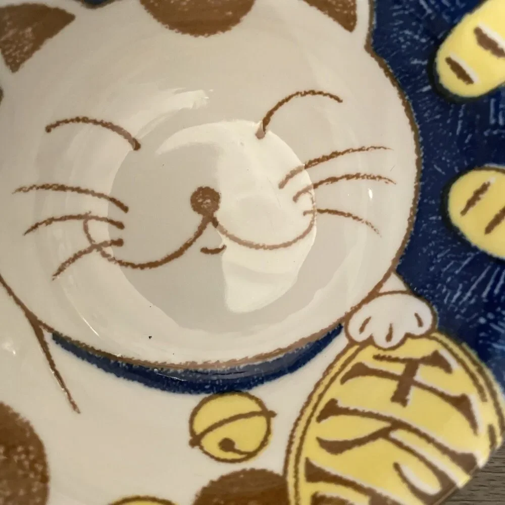 Japanese Porcelain Rice Bowl Blue Cute Kitty Cat Soup Ramen Made in Japan 6”